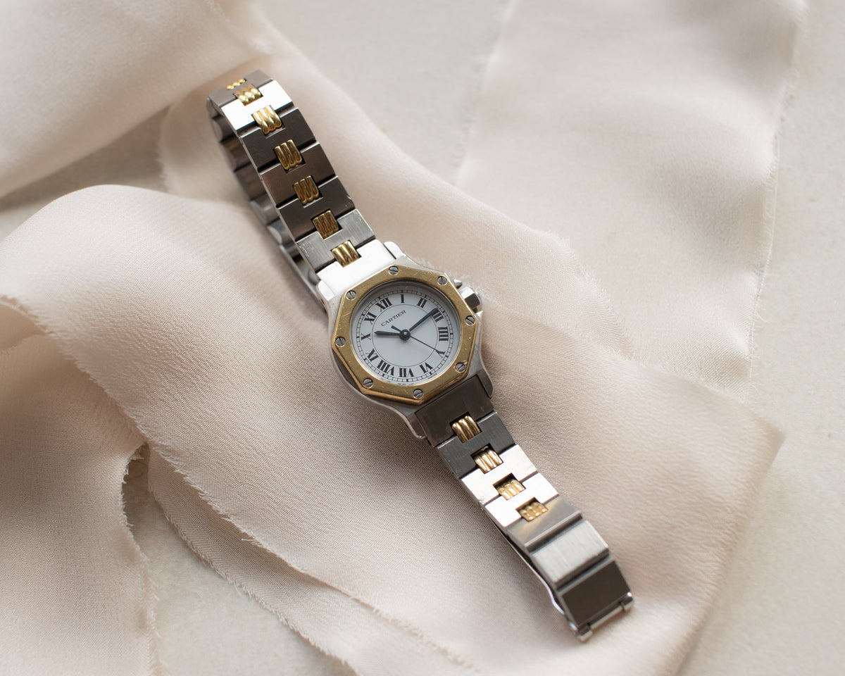 Vintage Cartier Santos Octagon Automatic Steel & Gold Godron Bracelet Watch | late 1980s