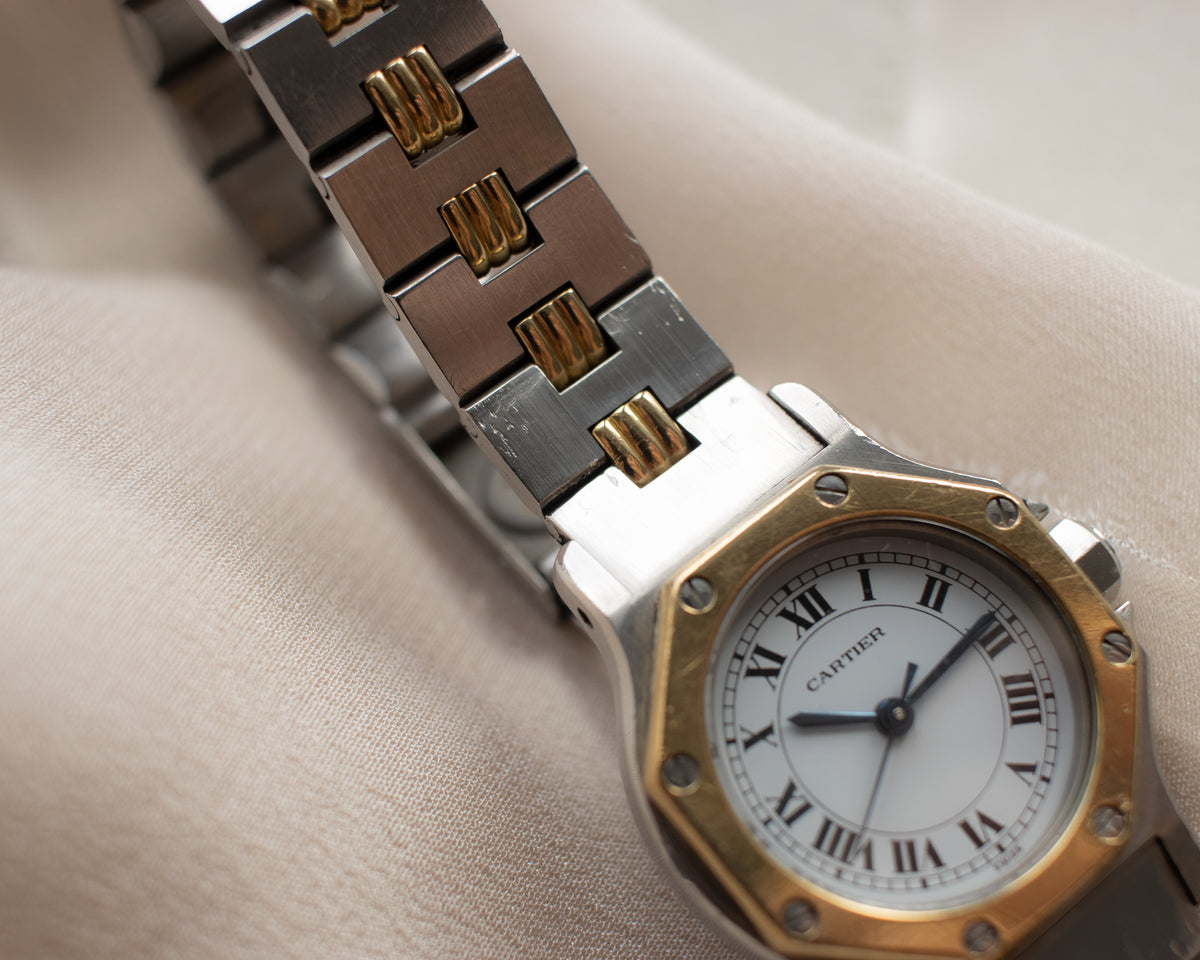 Vintage Cartier Santos Octagon Automatic Steel & Gold Godron Bracelet Watch | late 1980s