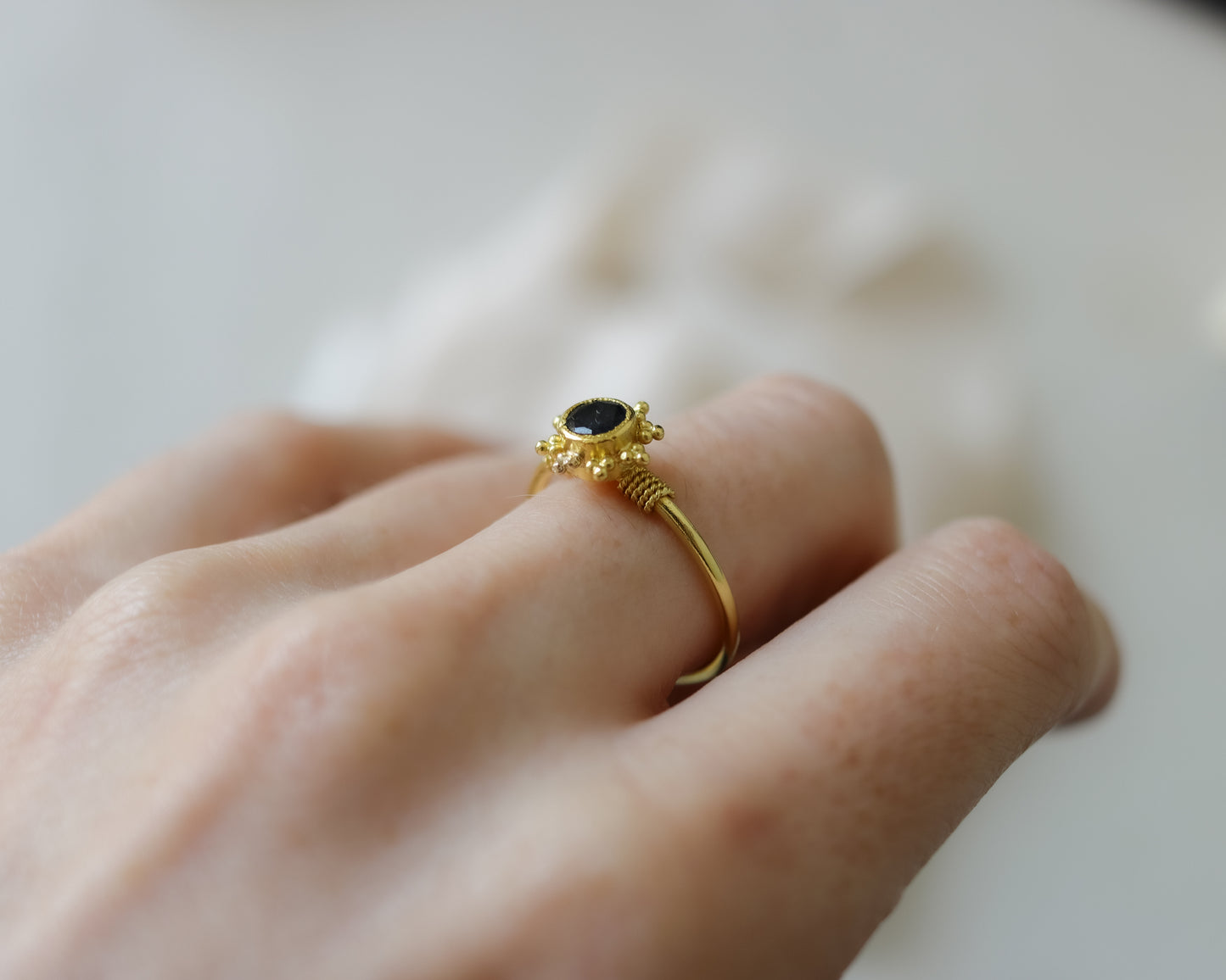 Antique High-Carat Gold Etruscan Revival Sapphire Ring - UK S 1/2